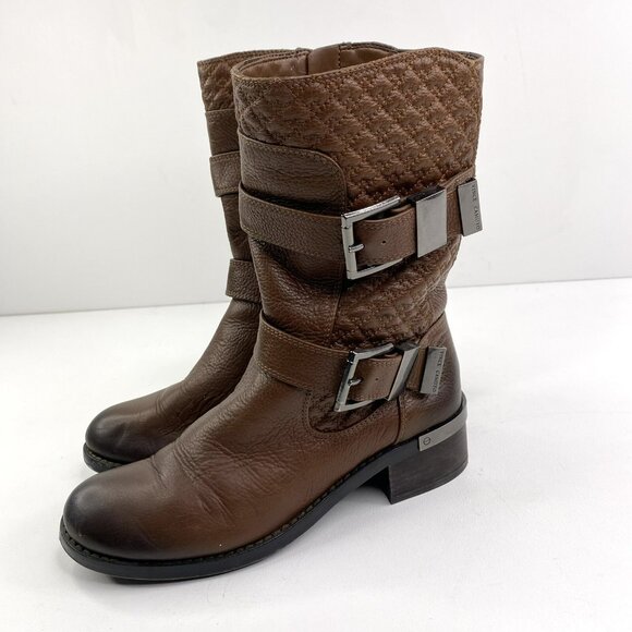 Vince Camuto Boots Size 5.5 Welton Brown Motorcycle Moto Combat Mid Calf Leather - Picture 3 of 9